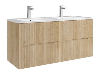 Vente-Unique Mueble de ba&ntilde;o suspendido estriado con lavabo encastrado y grifo - Natural claro - 120 cm - ORISO