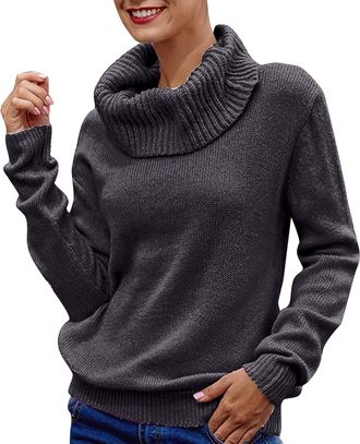 Generic Roll Neck Jumpers for Women UK Clearance Size 16 Sleeve Women Turtleneck Knitted Solid Jumper Pullover Sweater Long Top Blouse Womens Blouse Black