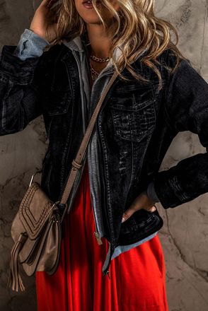 Azura Exchange Womens Hooded Denim Jacket Distressed Design - Black Cotton - Size X-Large