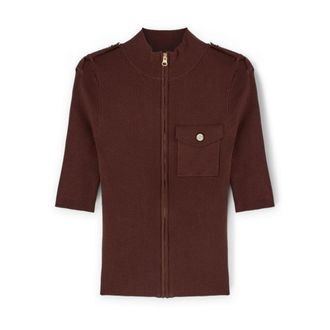 Motivi Truien & Vesten, Dames, Bruin, M, Nylon, Geribde cardigan met epauletten