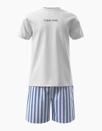 Calvin Klein Mens T-Shirt & Poplin Stripe Shorts Pyjama Set, White/blue - Size: 35/34/32