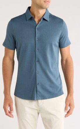 Robert Barakett Nino Herringbone Short Sleeve Cotton Knit Button-Up Shirt in Orion Blue at Nordstrom Rack, Size Xx-Large