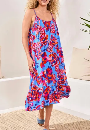 Tribal Strappy Sundress With Ruffle Hem In Turkish Sea