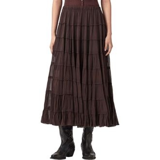 AllSaints Eva Tiered Midi Skirt in Bottle Brown at Nordstrom, Size 10 Us