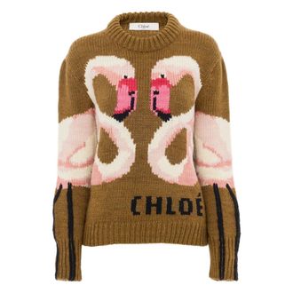 Chlo&eacute; Round-neck Knitwear, female, Brown, Size: XS Crew-neck logo sweater