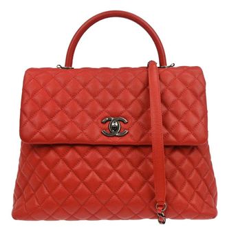 Chanel Coco Top Handle Bag Quilted Caviar Red Leather Handbag (Pre-Owned)