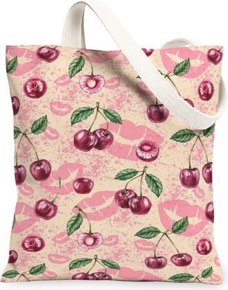 Generic Cherries Floral Canvas Tote Bags, Retro Fruit Pattern Reusable Grocery Bags, Summer Lightweight Washable Shoulder Strap Can, Peach, 13x15 Inch