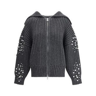 Pinko Cardigans, female, Gray, S, Rhinestone Wool Cardigan with Zipper