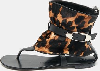 Giuseppe Zanotti Black/brown Leather And Leopard Print Hair On Buckle Detail Flat Sandals