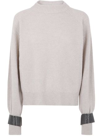 Brunello Cucinelli Brunello Cucinelli Womens Ribbed Sweater With Jewel Cuffs - Light Grey Cashmere - Size X-Small