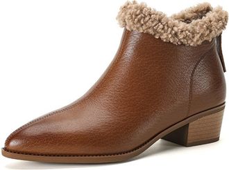Generic Womens PU Leather Ankle Boots With Warm Fluffy Collar Pointed Toe Mid Block Heels Side Zipper Slip On Design Soft Lining Non Slip Outsole,Brown,5.5 UK