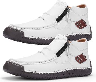 Generic Tuthrav Leather Slip Driving Shoes, Mens Handmade Premium Leather Slip-On Driving Boots - Wide Toe, Arch Support (White,7.5)