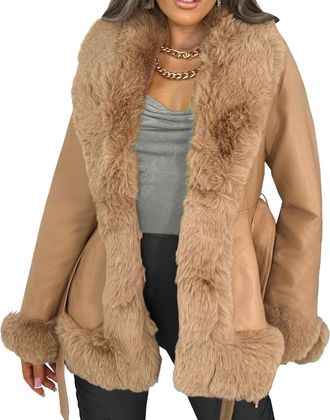 Generic Womens Autumn and Winter Warm Thickened Oversized Faux Fur Patchwork Coat Fashion Loose Casual Fluffy Plush Faux Leather Coat with Belt (Brown,S)