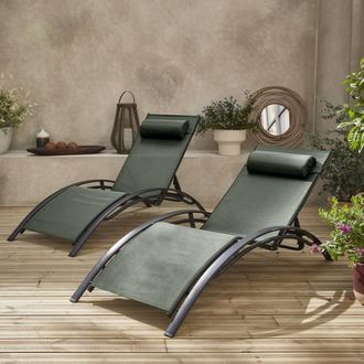 Sweeek Set Of 2 Aluminium & Textilene Sun Loungers 4 Reclining Positions in Grey