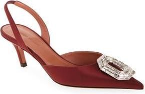 Amina Muaddi Camelia Crystal Buckle Slingback Pump in Satin Wine White Buckle at Nordstrom Rack, Size 5Us / 35Eu