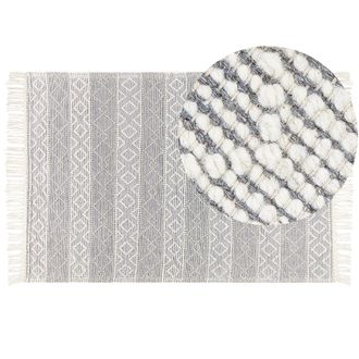 Beliani Alfombra De Lana Gris Blanco Crema 160 X 230 Cm A Mano Geom&eacute;trico Borlas Tonya