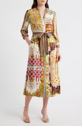 Elie Tahari Fran Baroque Print Long Sleeve Tie Waist Silk Blend Shirtdress at Nordstrom, Size X-Small