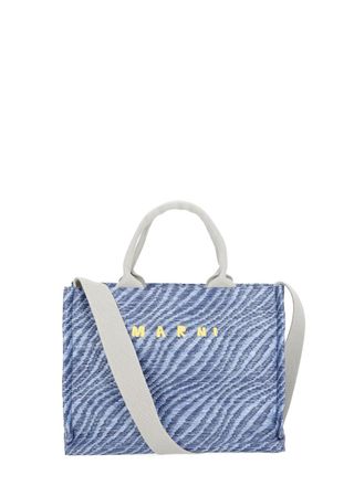 Marni Textured Blue Shopping Bag with Contrasting Embroidered Logo