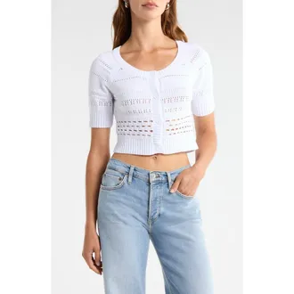 Florence By Mills Mixed Stitch Short Sleeve Cotton Cardigan in White at Nordstrom, Size Xx-Small