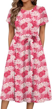 Generic Womens Summer Casual Midi Dress Women Dresses Summer Dresses with Sleeves Casual Crew Neck Floral Print Petal Short Sleeve Tied Midi Dress with Pocket