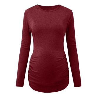 Generic Womens Maternity Ruched Tunic Tops Mama Clothes T-Shirt Long Sleeve Neck Pregnancy Soft Warm T-Shirts Pregnancy Tops for Women (Wine, L)