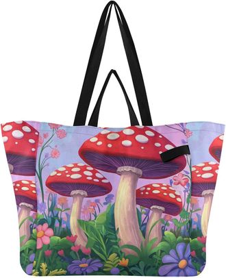 Generic Flowers Red Mushroom print Reusable Canvas Tote Bag, Heavy Duty Grocery Shopping Bag with Hard Bottom Double Handles Large Capacity Work Groceries Tra