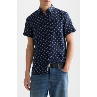 Scotch & Soda Star Flower Print Short Sleeve Linen Button-Up Shirt in Foulard Dress Blues at Nordstrom, Size X-Large