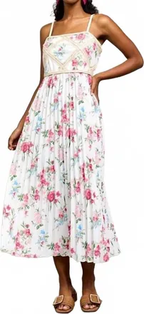 Skies Are Blue Clothing Printed Crochet Patch Pleated Sleeveless Midi Dress In Off White-Multi