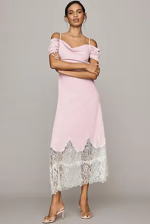 Bl^nk London Satin Off-Shoulder Lace Midi Dress
