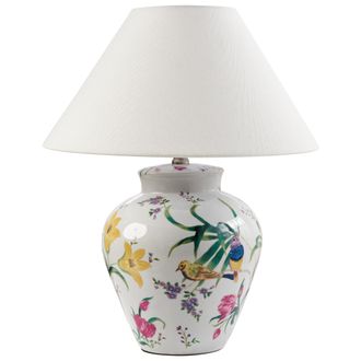 Beliani L&aacute;mpara De Mesa Elegante Con Base De Porcelana Con Dise&ntilde;o Floral Pantalla De Campana De Lino Iluminaci&oacute;n Blanco Diogo