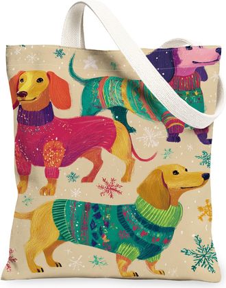 Generic Winter Dogs Canvas Tote Bags, Colorful Animal Pattern Reusable Grocery Bags, Decorative Lightweight Washable Shoulder Strap, Multicolor, 13x15 Inch
