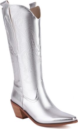 Generic Womens Pull on Knee High Boots with Embroidery Stitched Block Heel Western Cowboy Boot Square Toe PU Leather Long Boots,Silver,7.5 UK