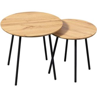 Home Heavenly Home Heavenly - Set De 2 Mesas Auxiliares Mar, Dise&ntilde;o Moderno Con Estructura Met&aacute;lica Negra Y Tapas Redondas De Mdf Color: Roble