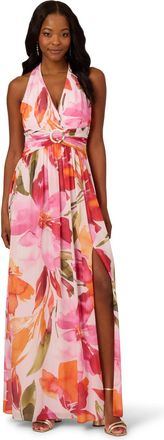 Adrianna Papell Womens Floral Chiffon Ring Gown - Pink - Size 16 UK