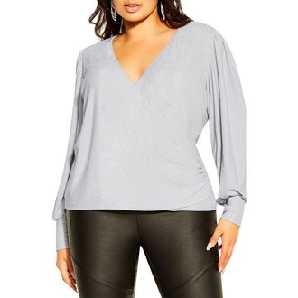 City Chic Glowing Shimmer Faux Wrap Top in Silver at Nordstrom Rack, Size 14W