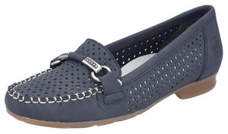 Rieker Mokassin RIEKER, Damen, Gr. 36, blau (dunkelblau), Nubuklederimitat, Schuhe Mokassin, Slipper, Sommerschuh mit toller Schmuckspange