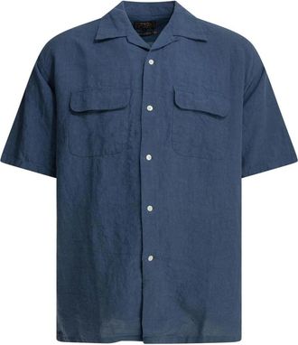 Beams Plus Overhemden, Heren, Blauw, L, Linnen, Casual Linnen Shirt