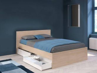 Vente-Unique Bed With 2 Drawers 140 X 190 Cm - Colours: Natural & Shiny White + in Light Oak | Size: Double