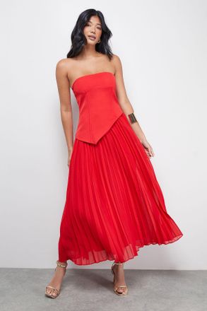 Warehouse Womens Bandeau Bodice Pleated Chiffon Midi Dress - Red - Size 12 UK