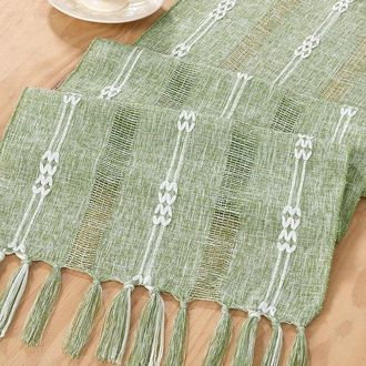 OEM Camino De Mesa R&uacute;stico - Mantel De Estilo Granja - Decoraci&oacute;n De Mesa - Con Bordado De Macram&eacute; - 30 X 228 Cm - Verde Salvia
