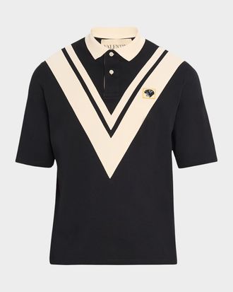 Valentino Garavani Mens Inlaid V Cotton Polo Shirt with Panther Patch