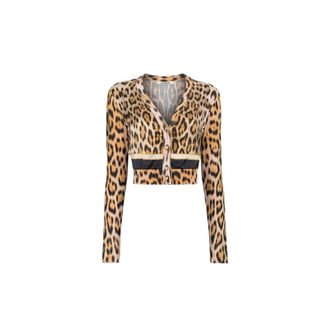 Roberto Cavalli Jaguar-Print Cropped Wool Cardigan - female - Roberto Cavalli - Cardigans - Brown - S - Knitwear
