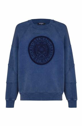 Balmain Ribbed Sweatshirt With Coin Embroidery in Navy at Nordstrom, Size Xxx-Large