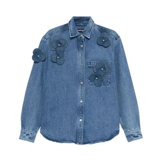 DAVID KOMA Denim Shirts, female, Blue, Size: 2XS 3D Flower Embroidered Denim Shirt