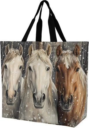 Generic Three Horses Snowflakes Reusable Shopping Bags One Shoulder Grocery Tote Bag Waterproof Big Purse for Work Travel