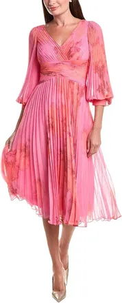 Teri Jon by Rickie Freeman Teri Jon By Rickie Freeman Printed Chiffon Pleated Full Sleeve V-Neck Dress