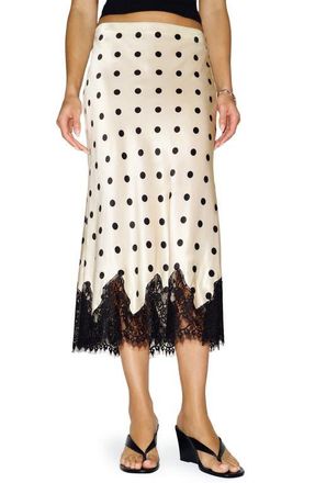 Reformation Carolina Lace Trim Silk Midi Skirt in Sundae Dot at Nordstrom, Size X-Small