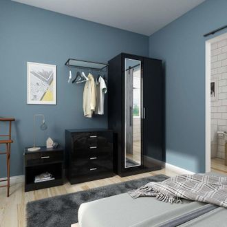 Elegant Lighting Modern High Gloss Wardrobe and Cabinet Furniture Set Bedroom 2 Doors Wardrobe with Mirror and 4 Drawer Chest and Bedside Cabinet, White/Oak - Elegant