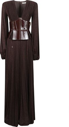 Elisabetta Franchi Red Carpet Deep V-Neck Corset Belt Maxi Dress