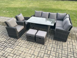 Fimous 10 Seater Garden Rattan Furniture Corner Sofa Dining Table Chairs with 2 Small Footstools Indoor Outdoor Lounge Sofa Set in Dark Grey